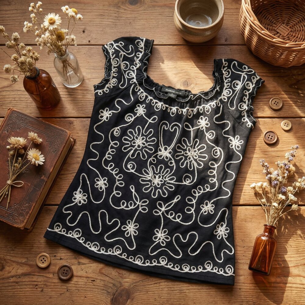 Lauren Michell Embroidered Floral Shirt | Elegant Boho Chic | Size S